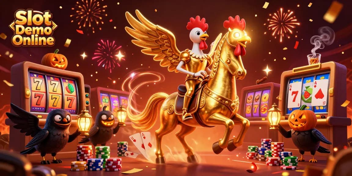 Play Slot Demo Online with vibrant symbols, jackpots, and charismatic characters in a festive casino.