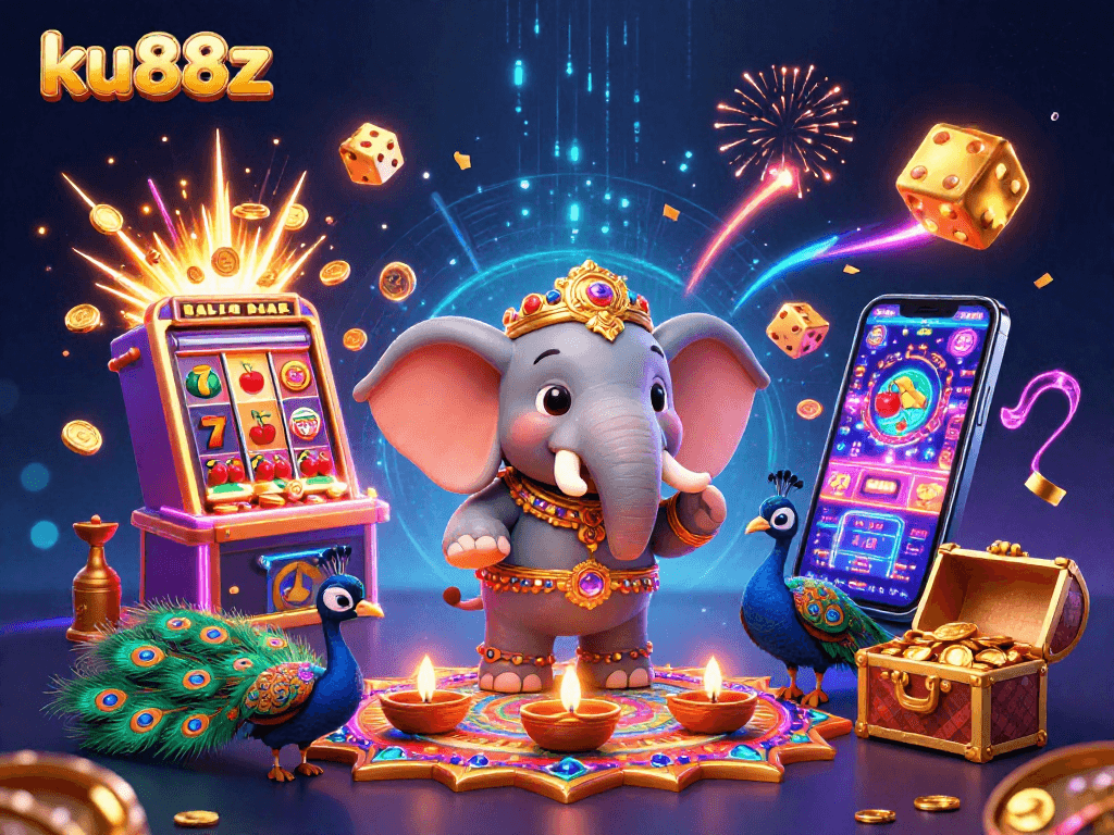 ku88z brings vibrant excitement with a Diwali-themed casino scene featuring elements like slot machines and rich colors.