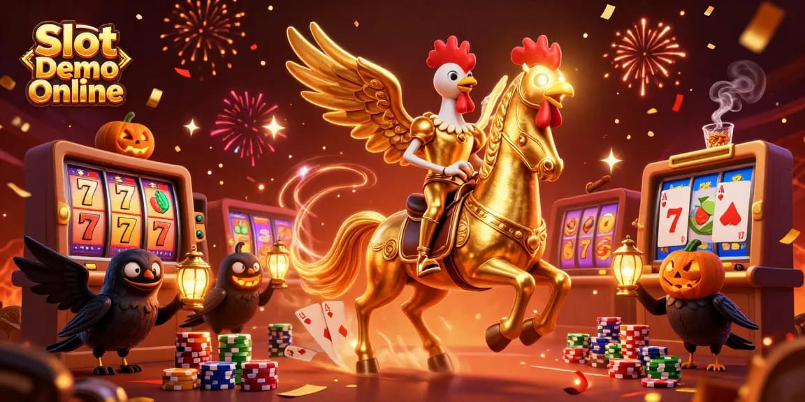 Play Slot Demo Online with vibrant symbols, jackpots, and charismatic characters in a festive casino.