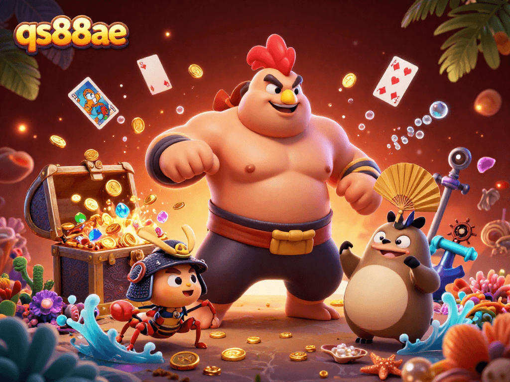 Engage in thrilling gameplay with qs88ae as cartoon characters celebrate jackpot riches underwater.