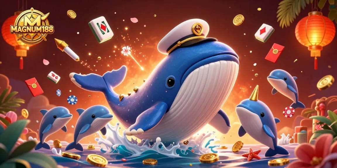 Experience the thrill of MAGNUM188 with playful characters and vibrant casino elements in a stunning scene.
