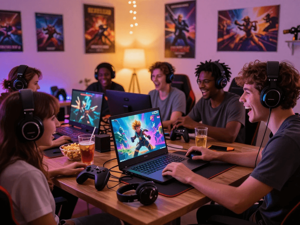 Players enjoying a trans porn game in a cozy gaming room with vibrant graphics.