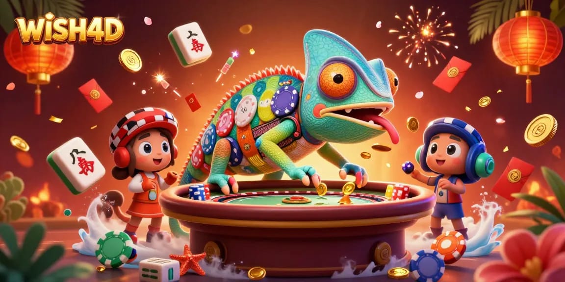 Experience the vibrant casino world with WISH4D, featuring a dynamic chameleon casino owner.