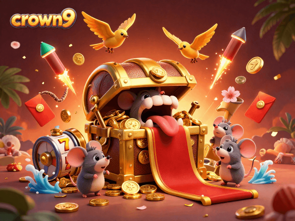 Crown9 casino scene showcasing a treasure chest and adventurer mice surrounded by exciting slot reels and festive confetti.