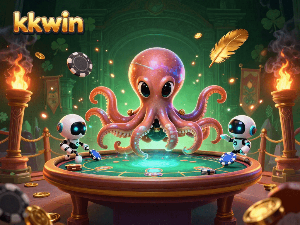 Engage with kkwin's thrilling games at a holographic poker table in this vibrant cosmic scene.