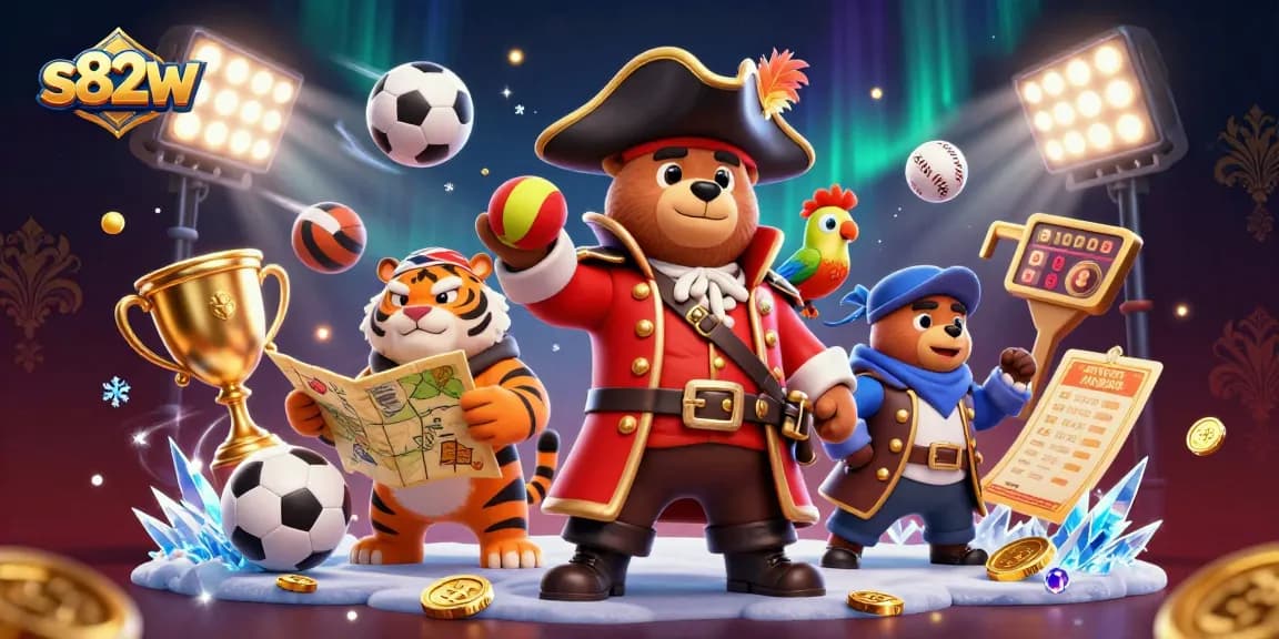 S82W showcases an exciting online gaming scene with vibrant 3D characters, sports elements, and a casino atmosphere.