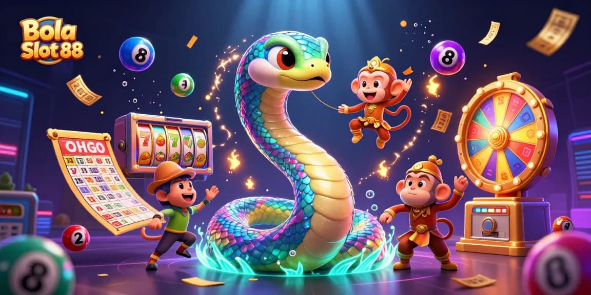 Bola Slot 88 features a vibrant 3D illustration of a rainbow serpent and monkey king amidst gambling elements.