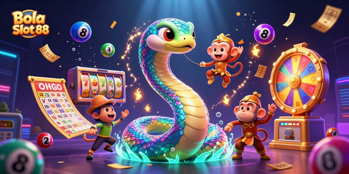 Bola Slot 88 features a vibrant 3D illustration of a rainbow serpent and monkey king amidst gambling elements.
