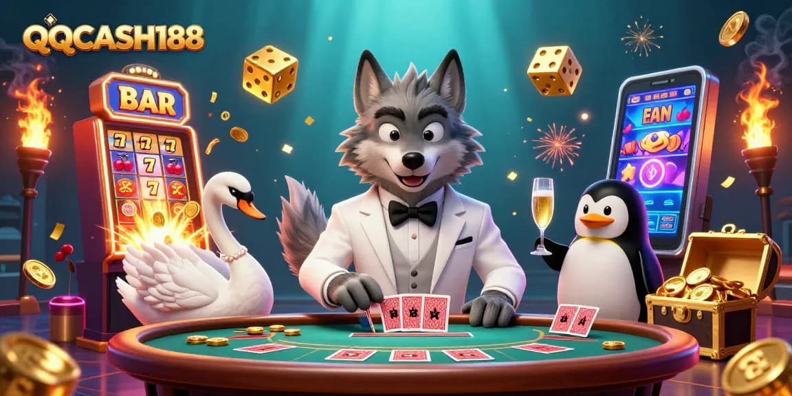Engage with QQCASH188's vibrant casino world featuring a debonair wolf, elegant swan, and sophisticated penguin.