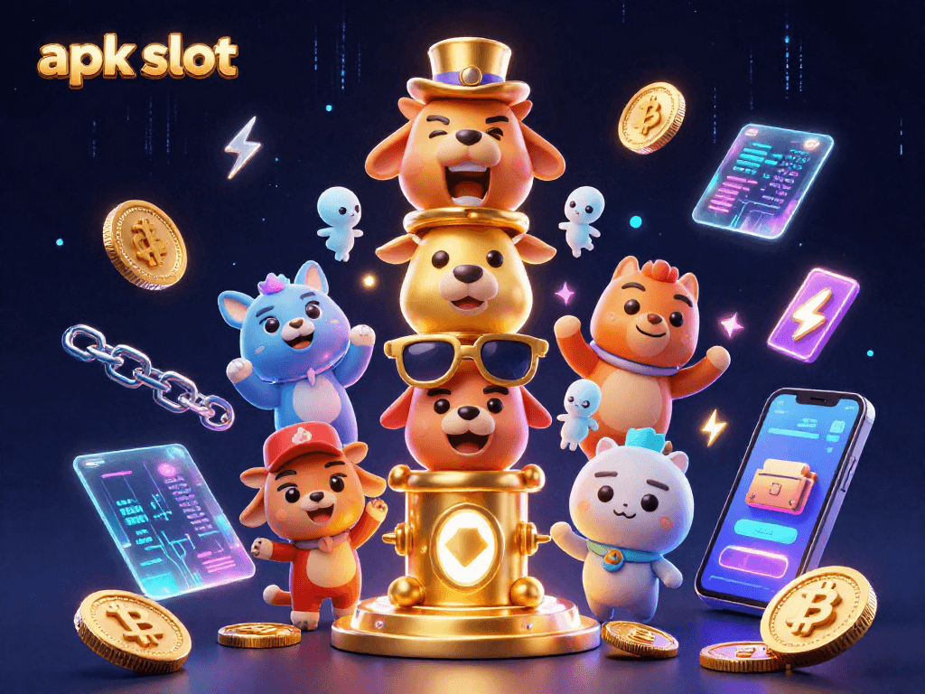 Spin and win on the apk slot with vibrant 3D cartoon casino characters and crypto elements.