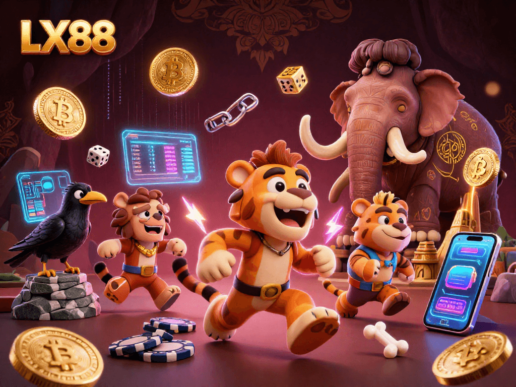 Experience thrilling gameplay at LX88 with a vibrant prehistoric casino scene featuring crypto elements.