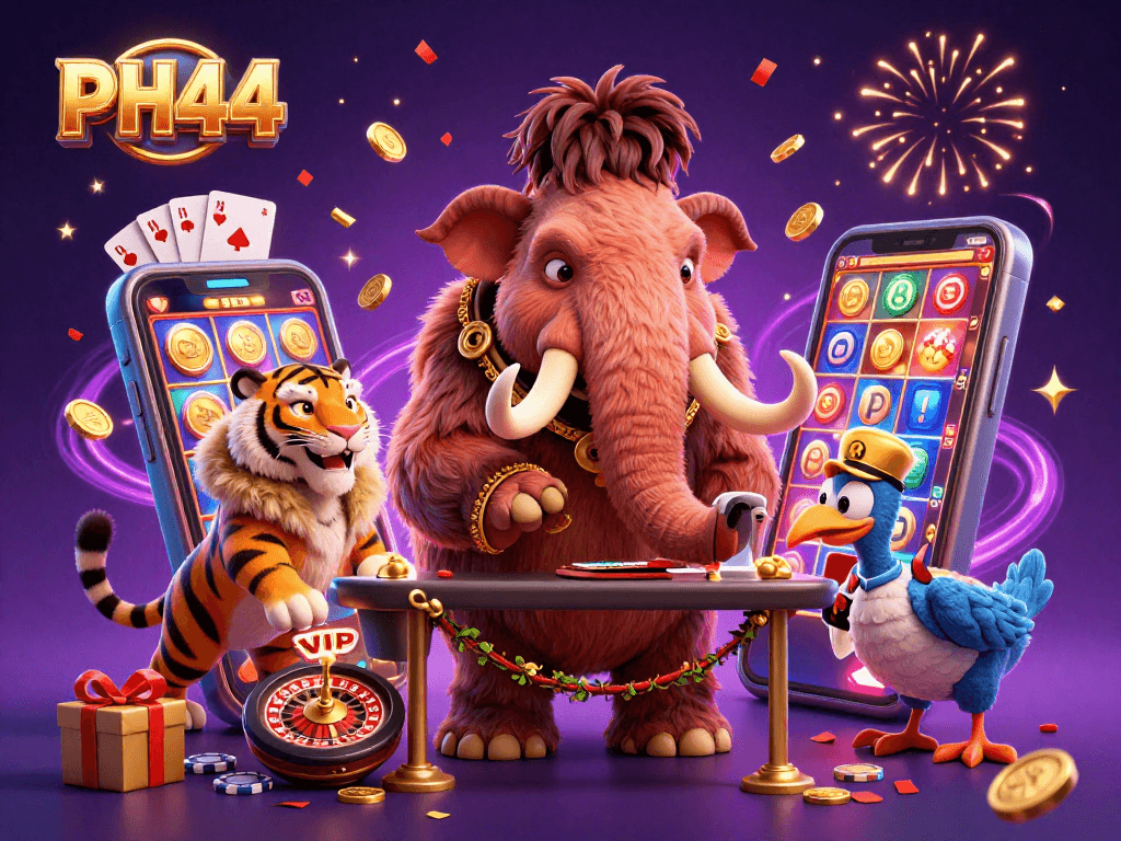 Experience the excitement of PH44 with a cartoon scene of a casino bouncer, VIP guest, and doorman.