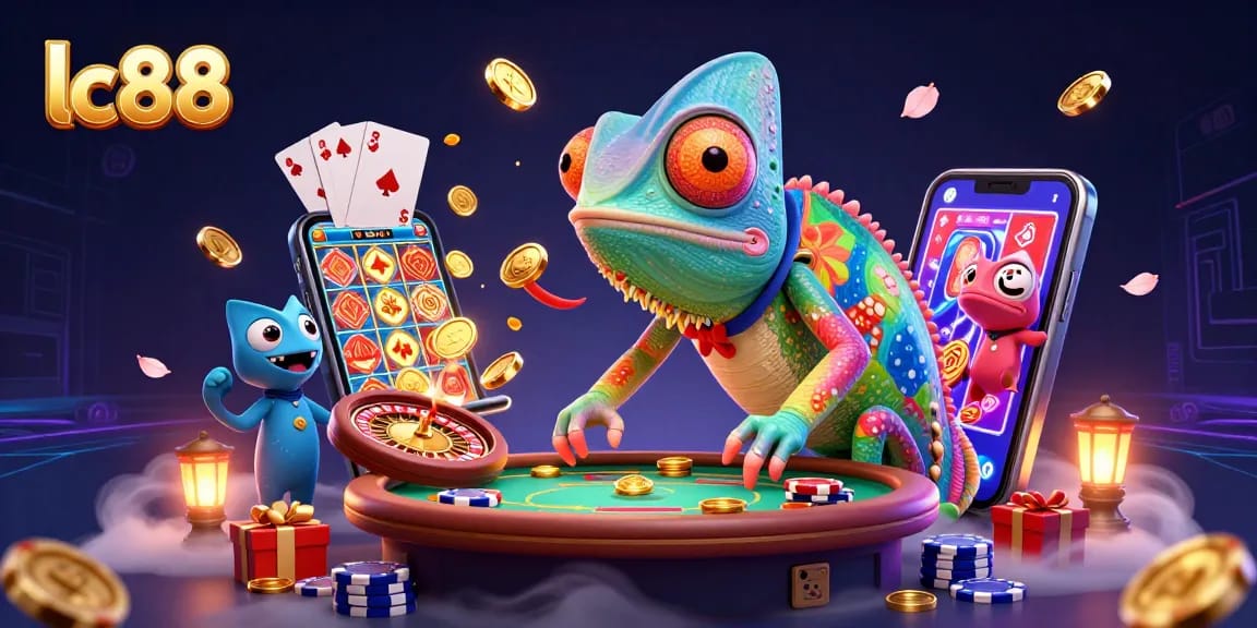 Enter the exciting world of lc88 with a vibrant 3D illustration showcasing dynamic casino elements and a chameleon character.