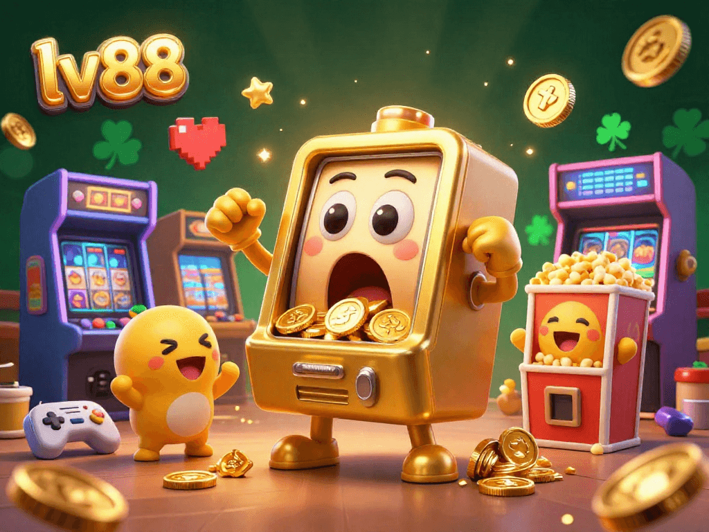 Experience thrilling gameplay at lv88 with a golden jackpot slot machine celebrating its win amidst vibrant casino elements.
