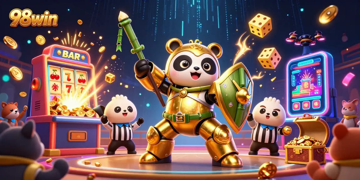 Win big at 98win with an exciting 3D casino scene featuring a golden panda and thrilling gaming elements.