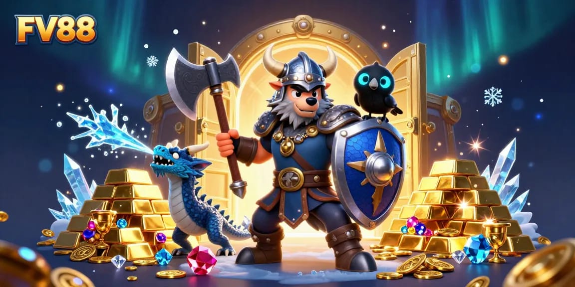 Engage with FV88's thrilling gaming world, featuring a Viking wolf warrior and treasure elements.