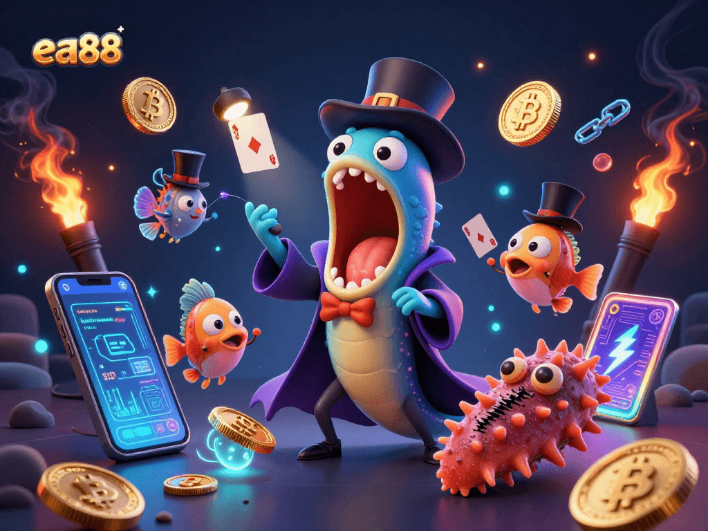 ea88 presents a thrilling casino magic scene with unique characters and vibrant crypto elements.