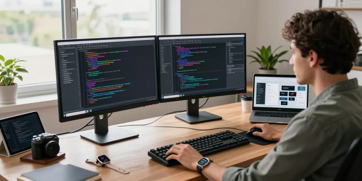 Software developer engrossed in coding on dual monitors in a modern office showcasing crushon ia technology.