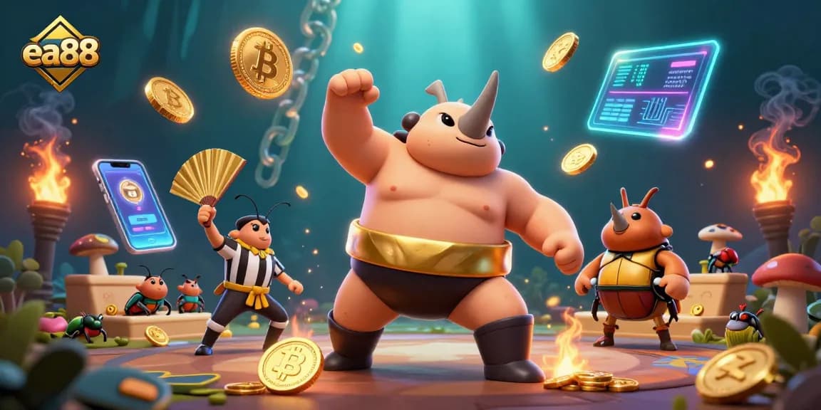 Experience thrilling moments at ea88 with a vibrant 3D illustration of casino champions and glowing crypto elements.