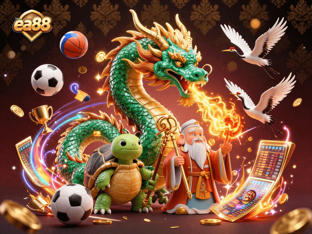 Experience thrilling action at ea88 with a dynamic scene of a jade dragon and lucky cranes.
