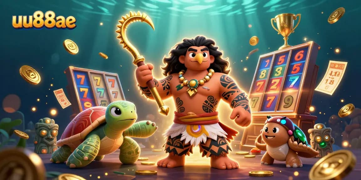 Join the thrilling experience at uu88ae with a Polynesian demigod in a vibrant 3D casino scene.