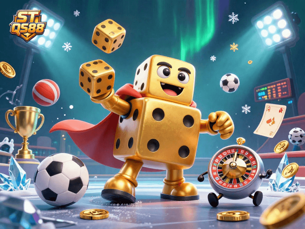 Engage with ST QS88's vibrant 3D rendering showcasing lively gambling elements and animated characters.