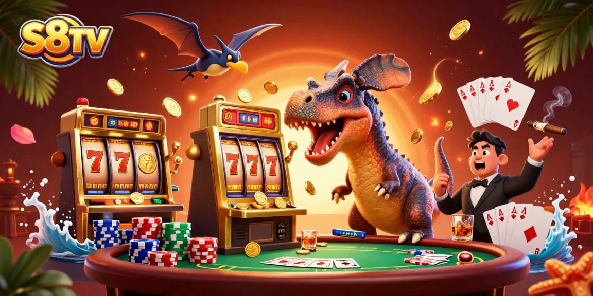 Engage with S8TV's thrilling scene of a pachycephalosaurus winning jackpot coins from a golden slot machine.