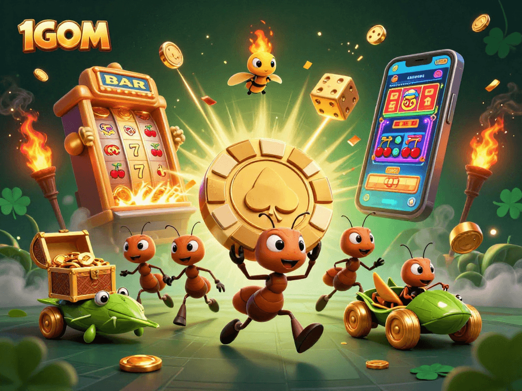 Experience the thrill of 1GOM with cartoon ants on a heist amidst slot machine jackpots and golden treasures.