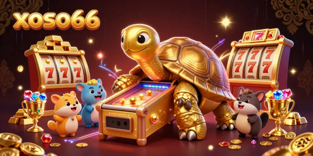 Win big with xoso66 in an ultra-detailed 3D slot machine adventure featuring a joyful tortoise and vibrant symbols.