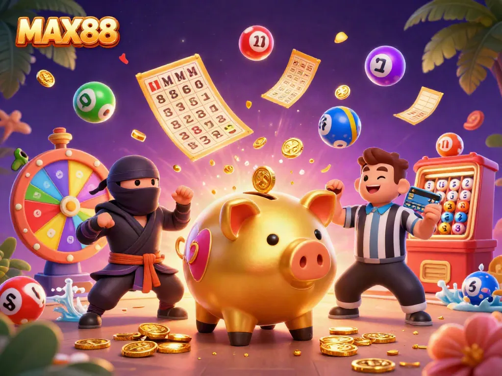 Experience excitement with MAX88's vibrant casino scene full of winning elements and colorful characters.