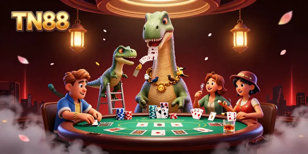 Experience the thrill of gaming with TN88's vibrant casino scene featuring a towering brontosaurus and dynamic card dealing.