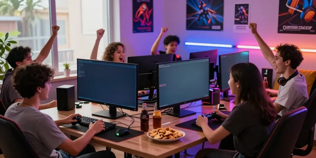 Exciting online gaming atmosphere featuring friends enjoying kilat404 multiplayer games together.