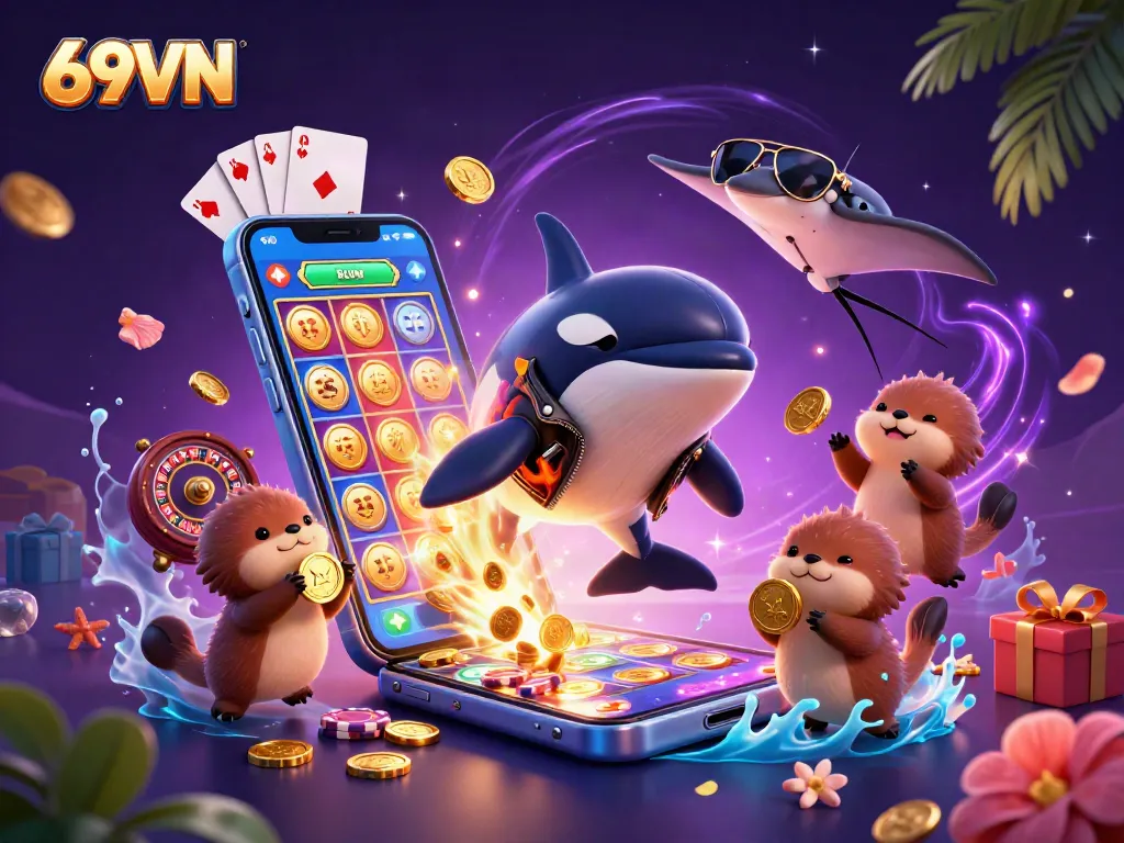 Play and win with 69VN's dynamic gambling scene featuring exciting games and animated characters.