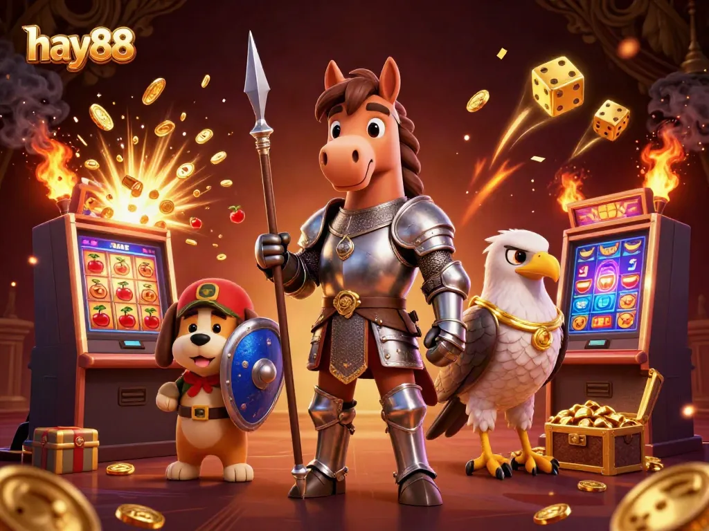 Engage with the thrilling jackpot scene of hay88 featuring knights, gold coins, and dynamic casino elements.