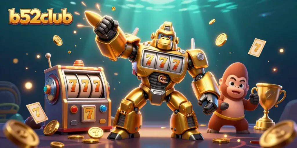 Engage with b52club through this dynamic scene of a golden gorilla mech celebrating wins with slot machine elements.