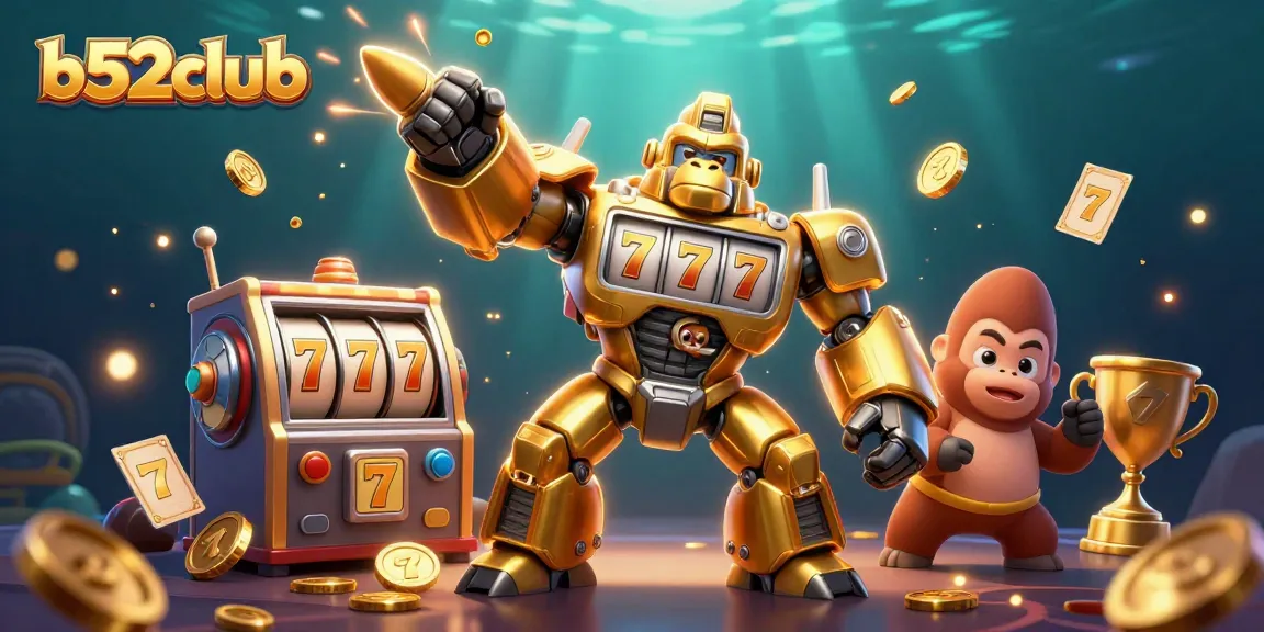 Engage with b52club through this dynamic scene of a golden gorilla mech celebrating wins with slot machine elements.
