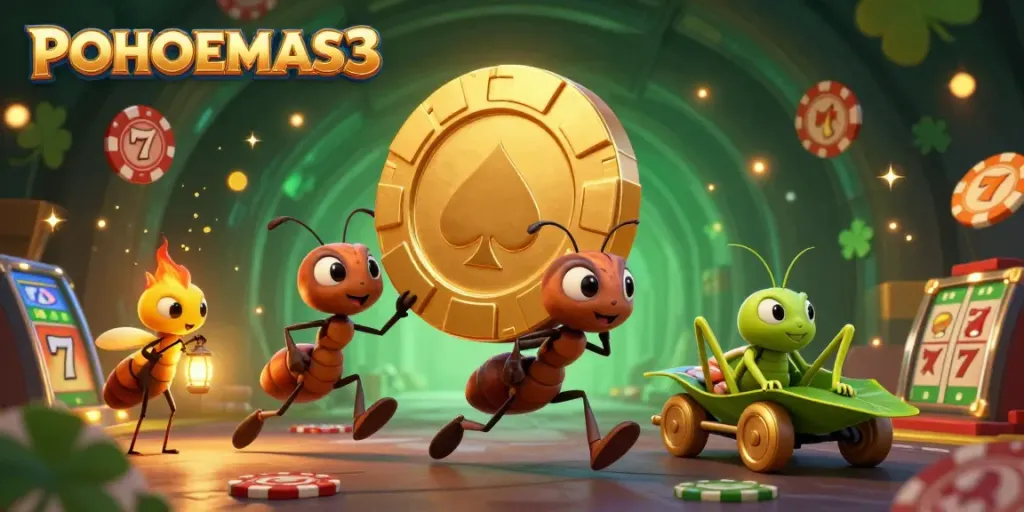 Pohonemas33 menggambarkan tim semut membawa chip poker raksasa dalam kegelapan, dikelilingi elemen permainan.