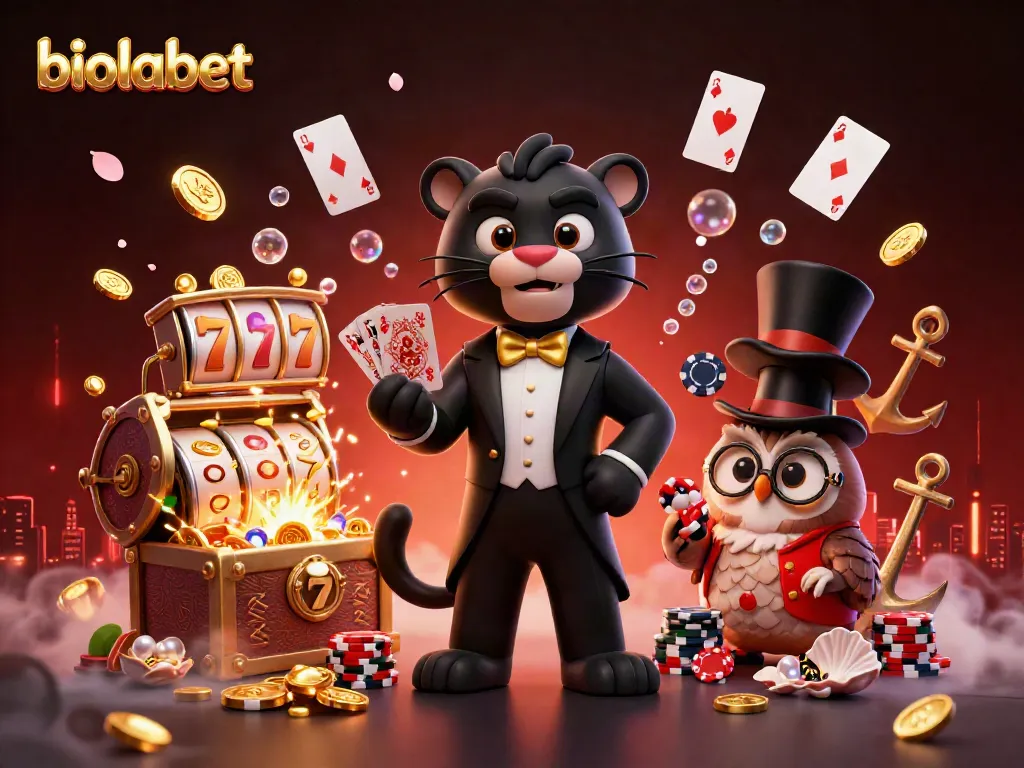 Experience biolabet's thrilling online gaming world with a lively 3D illustration of card dealing and casino elements.