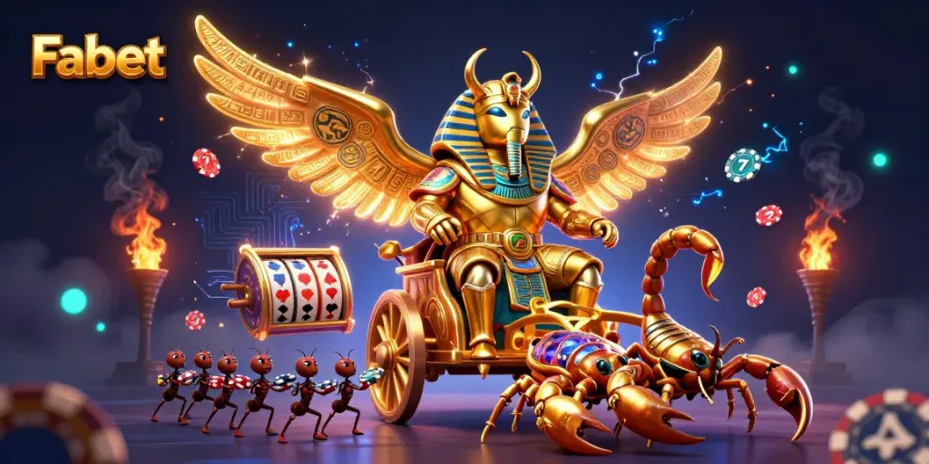 Join the excitement at Fabet with a 3D scene of a colossal golden scarab beetle and dynamic casino elements.