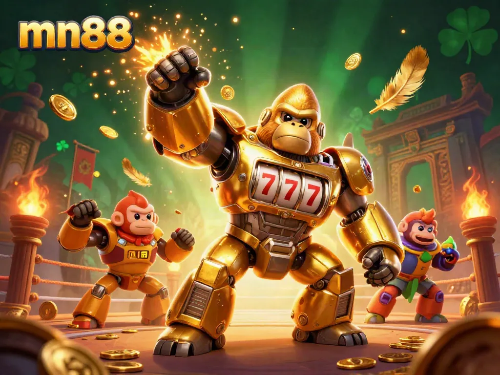 Experience the dynamic action of mn88 with the golden gorilla mech amidst vibrant casino elements.
