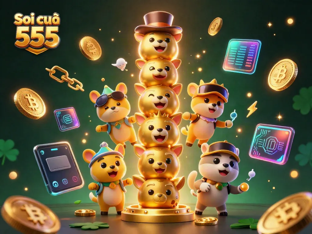 Engaging Soi cầu 555 digital illustration featuring a golden totem pole and dynamic crypto elements.