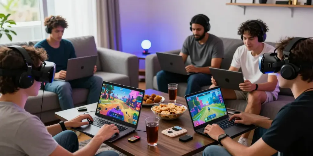 Friends enjoying a gaming session on janji33 situs with vibrant screens and snacks.