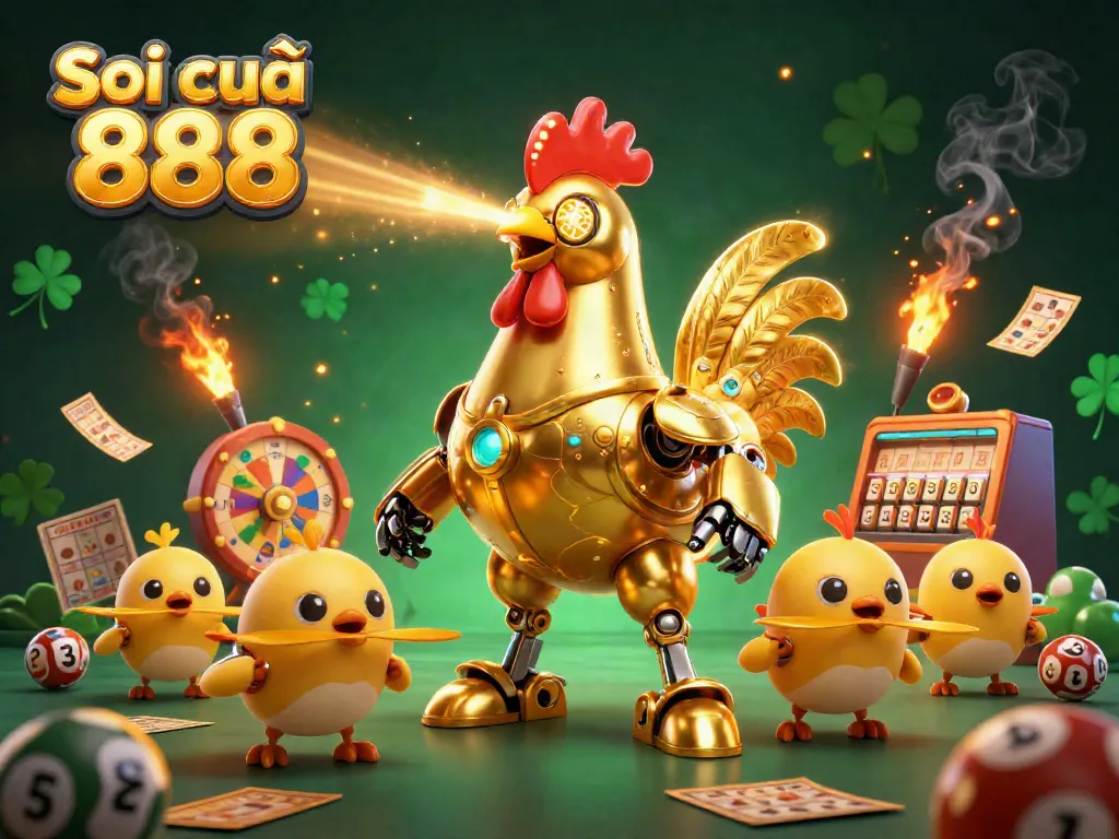 Soi cầu 888 inspiring players with a lively lottery scene featuring a golden rooster robot and cute chick drones.