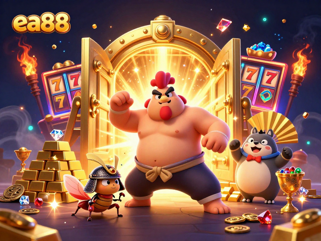 Enhance your gameplay at ea88 with a sumo wrestler rooster dominating the dynamic casino scene.