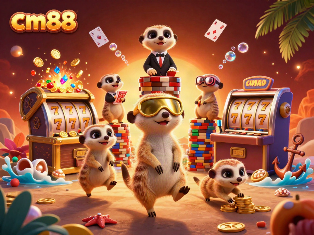 Experience the excitement of cm88 with meerkats in a vibrant casino scene featuring slot machines.