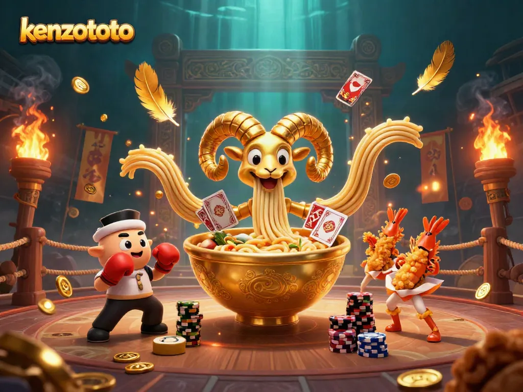Engage with kenzototo as the golden ramen bowl deals cards in a vibrant casino scene.