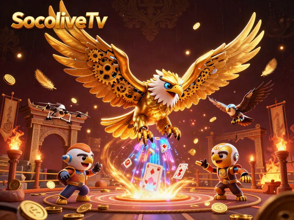 SocoliveTv showcases an ultra-detailed dynamic illustration of a cybernetic golden eagle and playing cards within a vibrant casino atmosphere.