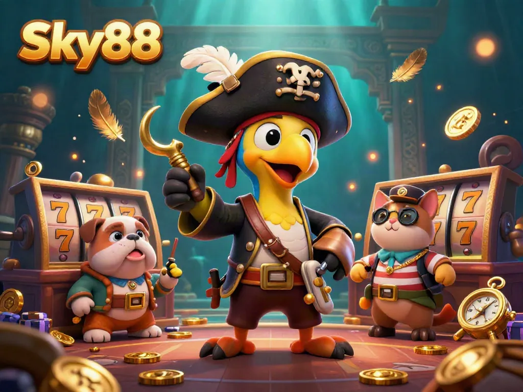 Sky88 gaming scene showcasing a pirate captain, bulldog first-mate, and navigating cat amidst slot reels and coins.