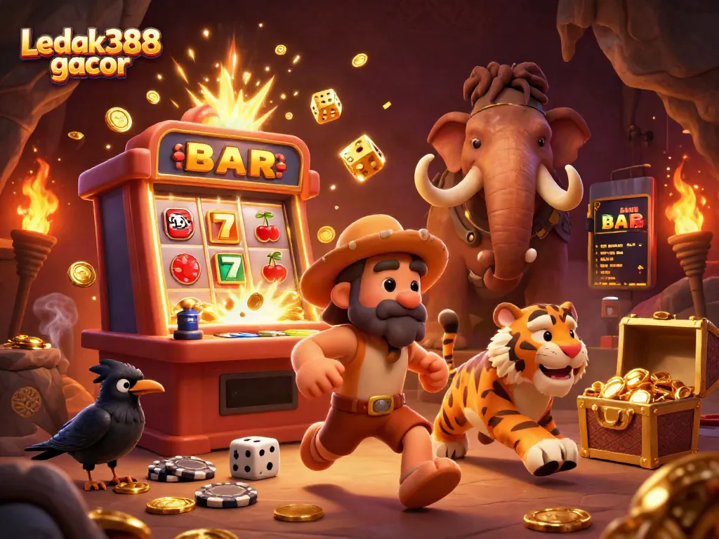 Experience thrilling wins with Ledak388 gacor slots, highlighted by vibrant 3D casino graphics.