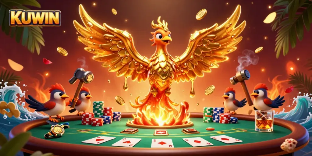 Experience the thrilling wins at KUWIN with a molten gold phoenix amidst a poker scene.
